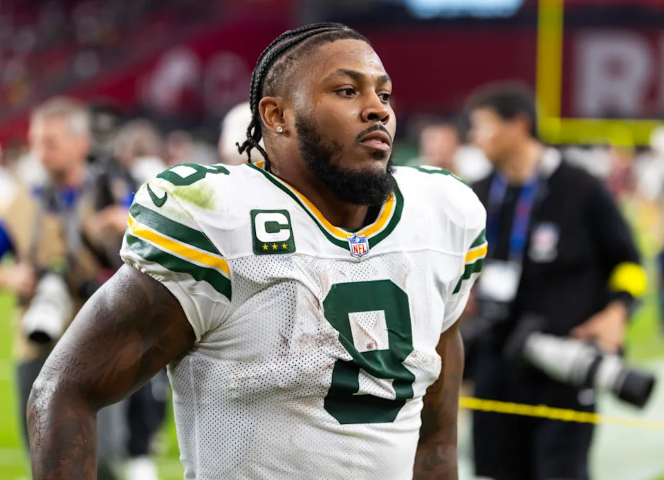 Green Bay Packers running back Josh Jacobs (8) during an NFL game.© Mark J&period; Rebilas-Imagn Images