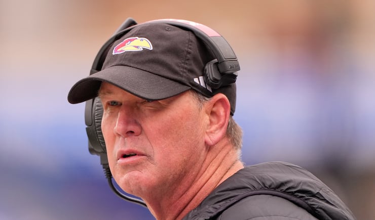 Kansas head coach Lance Leipold watches during game against Utah, Friday, Nov. 28, 2025, in Lawrence, Kan.