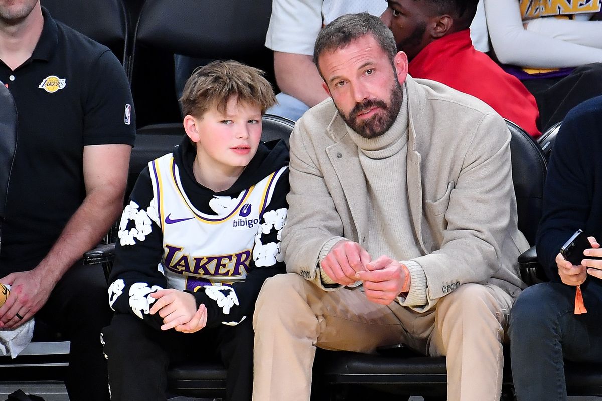 Ben Affleck and Samuel Garner Affleck attend a basketball game between the Los Angeles Lakers and the Golden State Warriors