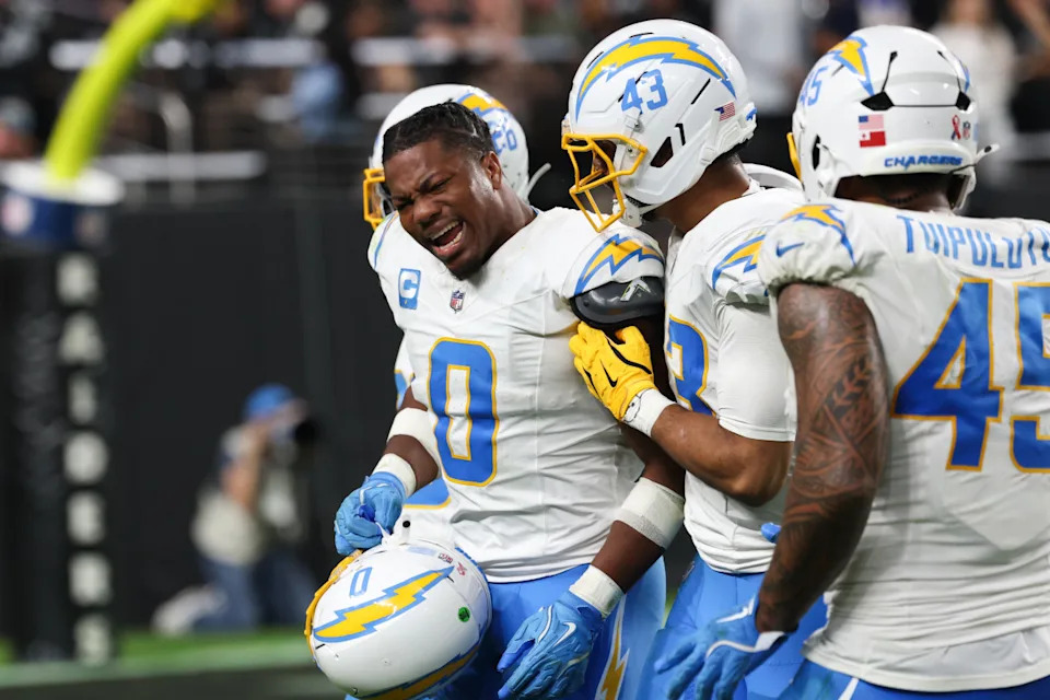 Sep 15, 2025; Paradise, Nevada, USA; Los Angeles Chargers linebacker Daiyan Henley (0) celebrates with Los Angeles Chargers linebacker Troy Dye (43) after making a sack during the third quarter at Allegiant Stadium. Mandatory Credit: Kiyoshi Mio-Imagn Images