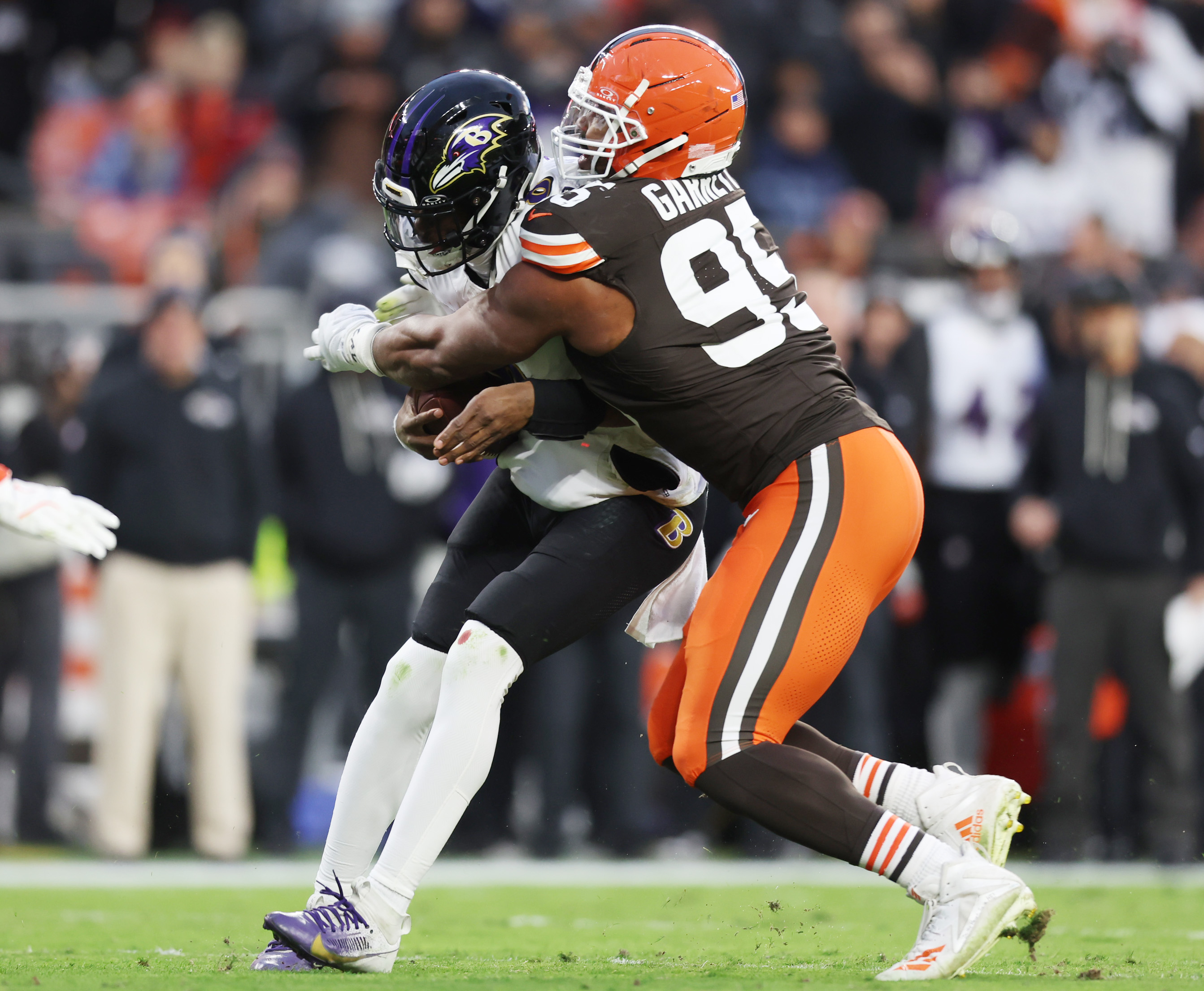 Cleveland Browns defensive end Myles Garrett sacks Baltimore Ravens quarterback Lamar Jackson in the first quarter.  