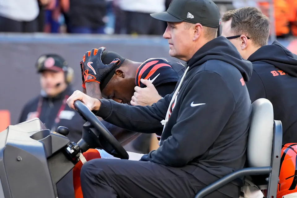 Cincinnati Bengals wide receiver Tee Higgins (5) is carted off of the field after suffering a concussion on a play in the fourth quarter of the NFL Week 12 game between the Cincinnati Bengals and the New England Patriots at Paycor Stadium.