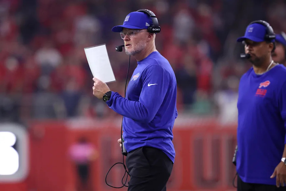 Nov 20, 2025; Houston, Texas, USA; Buffalo Bills head coach Sean McDermott looks on in the second quarter against the Houston Texans at NRG Stadium. Mandatory Credit: Troy Taormina-Imagn Images