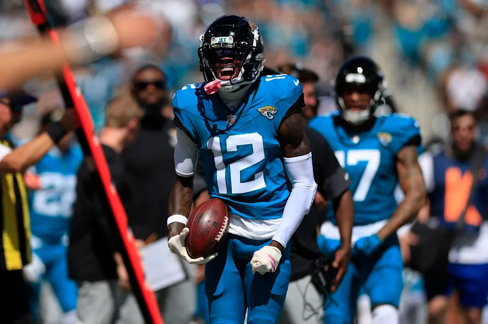 Jacksonville Jaguars wide receiver Travis Hunter (12) reacts to his carry during the first quarter of an NFL football matchup, Sunday, Oct. 12, 2025, at EverBank Stadium in Jacksonville, Fla. [Corey Perrine/Florida Times-Union]