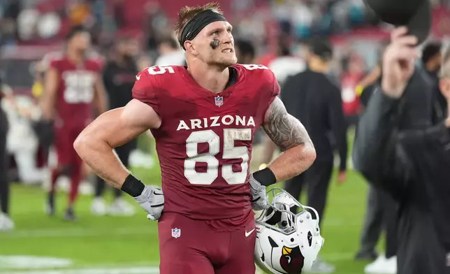 Arizona Cardinals tight end Trey McBride reacts after an NFL football game against the Jacksonville Jaguars Sunday, Nov. 23, 2025, in Glendale, Ariz. (AP Photo/Ross D. Franklin)
