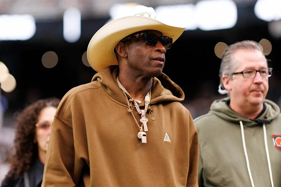 Former NFL player and football coach Deion Sanders stands on the field prior to an NFL football game between the Cleveland Browns and the Las Vegas Raiders at Allegiant Stadium on Nov. 23, 2025 in Las Vegas, Nevada. Getty Images