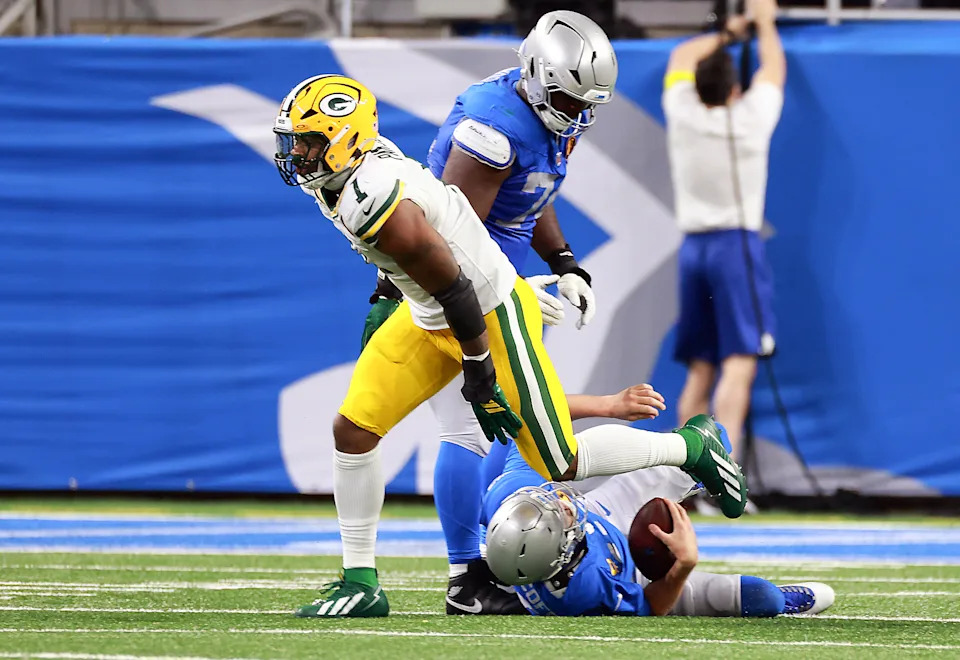 DETROIT,MICHIGAN-November27: Defensive end Micah Parsons (1) of the Green Bay Packers celebrates after sacking quarterback Jared Goff (16) of the Detroit Lions during an NFL football game between the Green Bay Packers and the Detroit Lions in Detroit, Michigan USA, on Sunday, November 23, 2025. (Photo by Amy Lemus/NurPhoto via Getty Images)