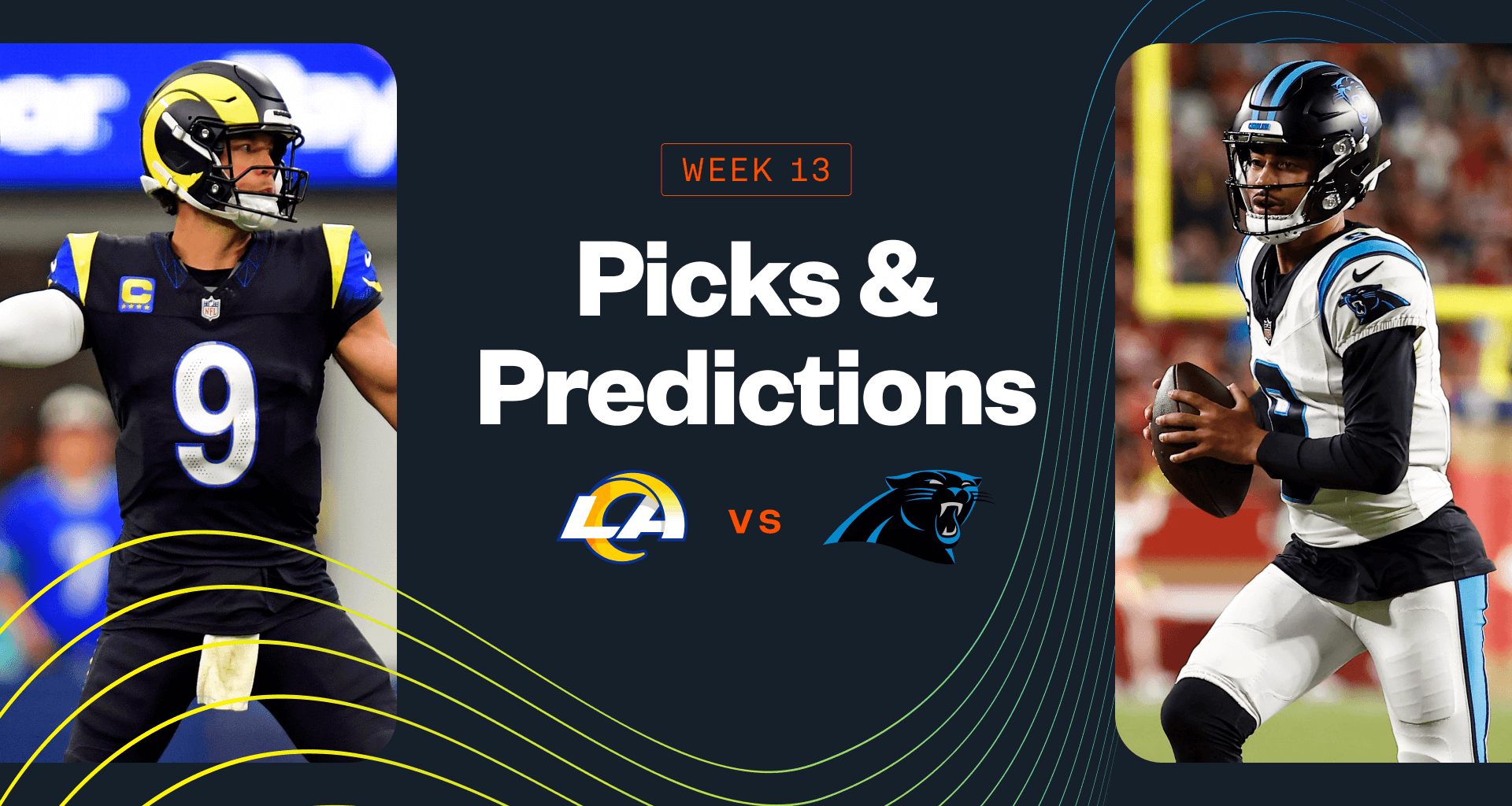 Promo image for Rams vs. Panthers, including Matthew Stafford and Bryce Young.