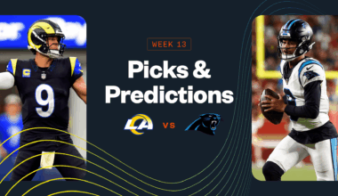 Promo image for Rams vs. Panthers, including Matthew Stafford and Bryce Young.