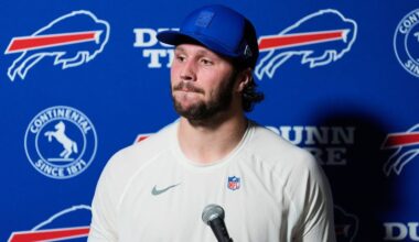 Buffalo Bills quarterback Josh Allen takes a question during a news conference after an NFL football game against the Houston Texans Thursday, Nov. 20, 2025, in Houston. (AP Photo/Ashley Landis)