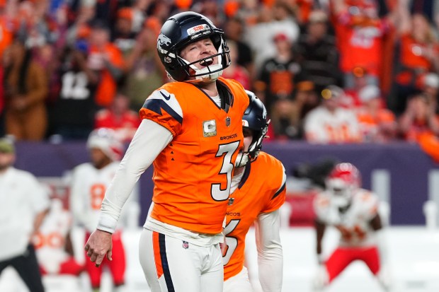 Denver Broncos place kicker Wil Lutz (3) after celebrates after making a 35-yard field goal to defeat the Kansas City Chiefs in an NFL football game Sunday, Nov. 16, 2025, in Denver. (AP Photo/Jack Dempsey)