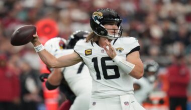 Jacksonville Jaguars quarterback Trevor Lawrence throws during the first half of an NFL football game against the Arizona Cardinals Sunday, Nov. 23, 2025, in Glendale, Ariz. (AP Photo/Rick Scuteri)