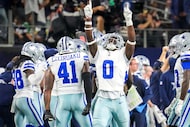 Dallas Cowboys linebacker Demarvion Overshown (0) celebrates after the Cowboys defense...