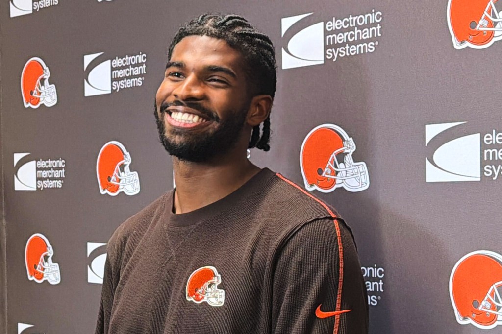 Cleveland Browns quarterback Shedeur Sanders takes questions during a media availability, Wednesday, Nov. 19, 2025, at the NFL football team's complex in Berea, Ohio. 