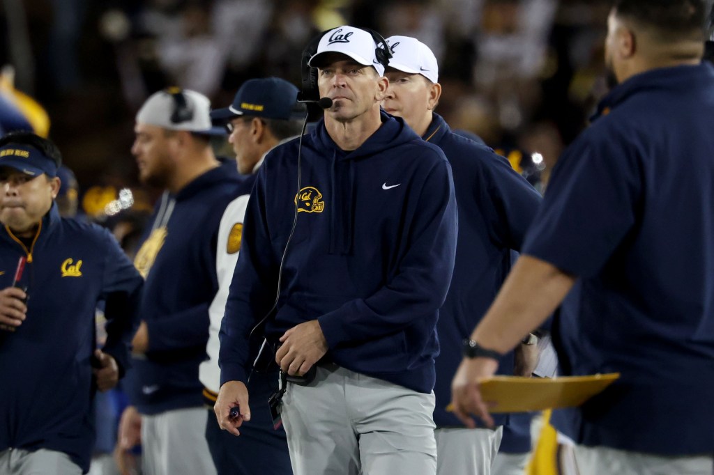 California head coach Justin Wilcox stands on the sidelines during the first half of an NCAA college football game against Stanford in Stanford, Calif., Saturday, Nov. 22, 2025.