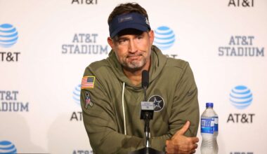 Dallas Cowboys head coach Brian Schottenheimer takes questions during a news conference after an NFL football game against the Arizona Cardinals Monday, Nov. 3, 2025, in Arlington, Texas. (AP Photo/Richard Rodriguez)