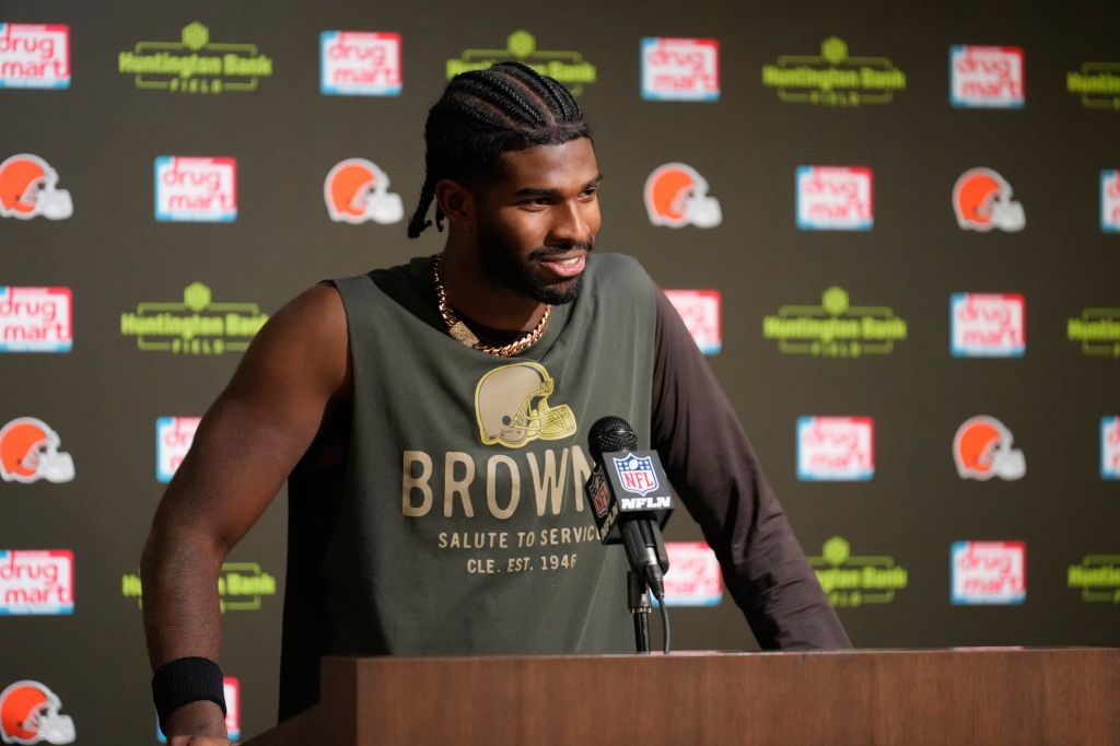 Cleveland Browns quarterback Shedeur Sanders responds to a question during a news conference after an NFL football game against the Baltimore Ravens in Cleveland, Sunday, Nov. 16, 2025.