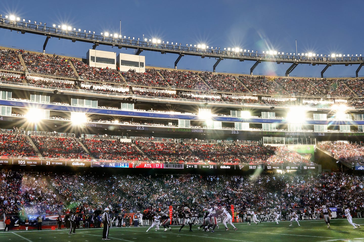 New England Patriots quarterback Drake Maye throws against the Atlanta Falcons at Gillette Stadium Nov. 2, 2025 in Foxborough.