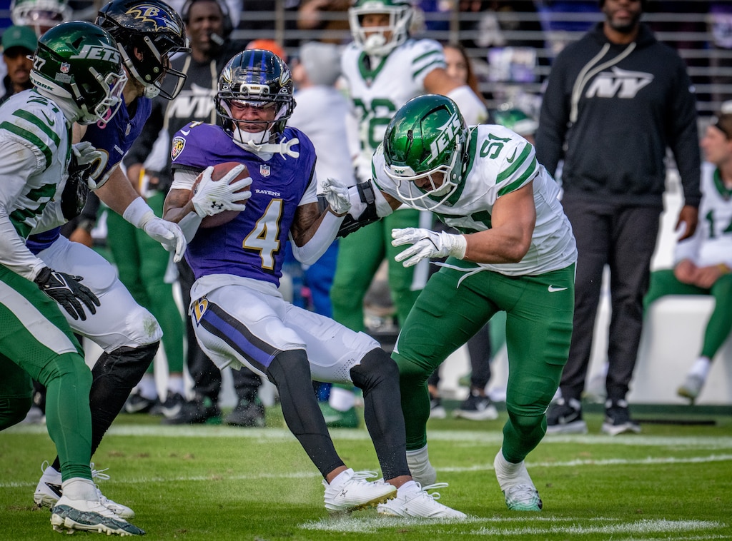 Baltimore Ravens wide receiver Zay Flowers (4) looks for room against the New York Jets.