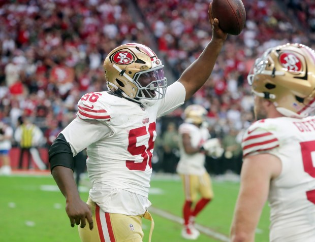 49ers player Keion White #56 celebrates after recovering a fumble during the game between the San Francisco 49ers and the Arizona Cardinals at State Farm Stadium on Nov. 16, 2025 in Glendale, Arizona. The 49ers defeated the Cardinals 41-22...(John Medina/Special to Bay Area News Group)