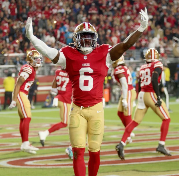San Francisco 49ers' Malik Mustapha #6 celebrates an interception in the first quarter of their NFL game against the Carolina Panthers at Levi's Stadium in Santa Clara, Calif., on Monday, Nov. 24, 2025. (Jane Tyska/Bay Area News Group)