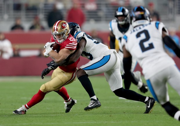 San Francisco 49ers' Christian McCaffrey #23 carries against the Carolina Panthers in the first quarter of their NFL game at Levi's Stadium in Santa Clara, Calif., on Monday, Nov. 24, 2025. (Jane Tyska/Bay Area News Group)