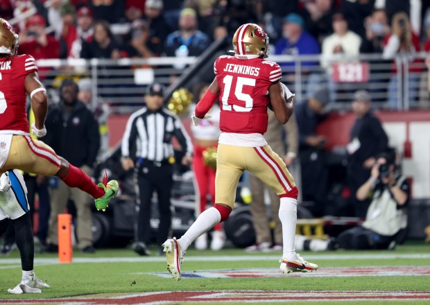 San Francisco 49ers' Jauan Jennings #15 runs for a touchdown in the first quarter of their NFL game against the Carolina Panthers at Levi's Stadium in Santa Clara, Calif., on Monday, Nov. 24, 2025. (Jane Tyska/Bay Area News Group)