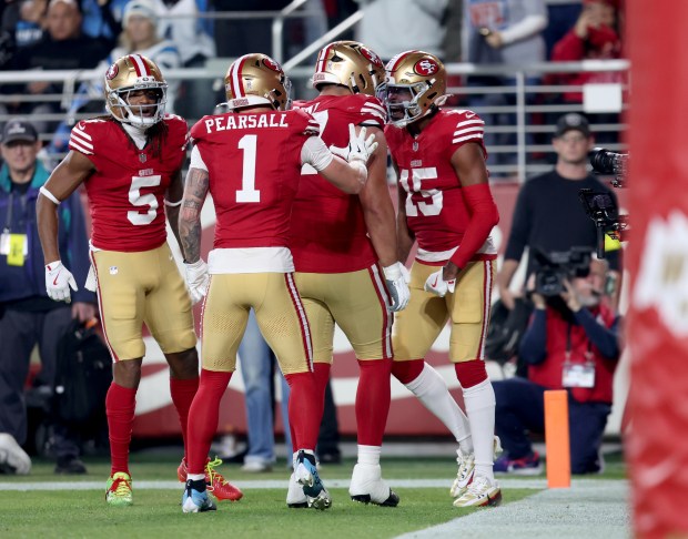 San Francisco 49ers' Jauan Jennings #15 and teammates celebrate his touchdown in the first quarter of their NFL game against the Carolina Panthers at Levi's Stadium in Santa Clara, Calif., on Monday, Nov. 24, 2025. (Jane Tyska/Bay Area News Group)