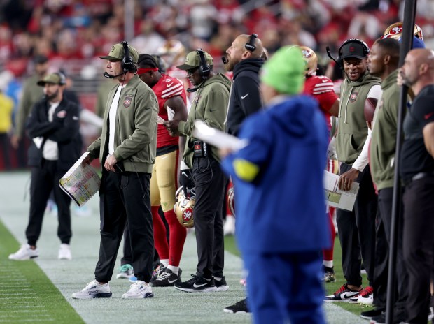 San Francisco 49ers head coach Kyle Shanahan watches from the sideline in the first quarter of their NFL game against the Carolina Panthers at Levi's Stadium in Santa Clara, Calif., on Monday, Nov. 24, 2025. (Jane Tyska/Bay Area News Group)