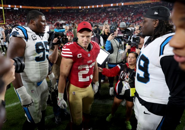 San Francisco 49ers' Christian McCaffrey #23 leaves the field after their NFL win over the Carolina Panthers at Levi's Stadium in Santa Clara, Calif., on Monday, Nov. 24, 2025. (Jane Tyska/Bay Area News Group)