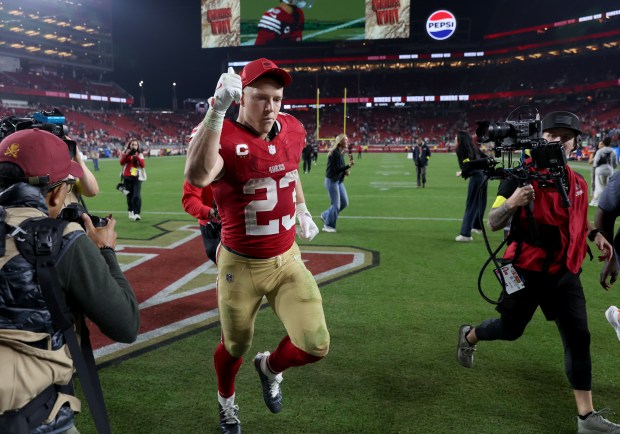 San Francisco 49ers' Christian McCaffrey #23 leaves the field after their NFL win over the Carolina Panthers at Levi's Stadium in Santa Clara, Calif., on Monday, Nov. 24, 2025. (Jane Tyska/Bay Area News Group)
