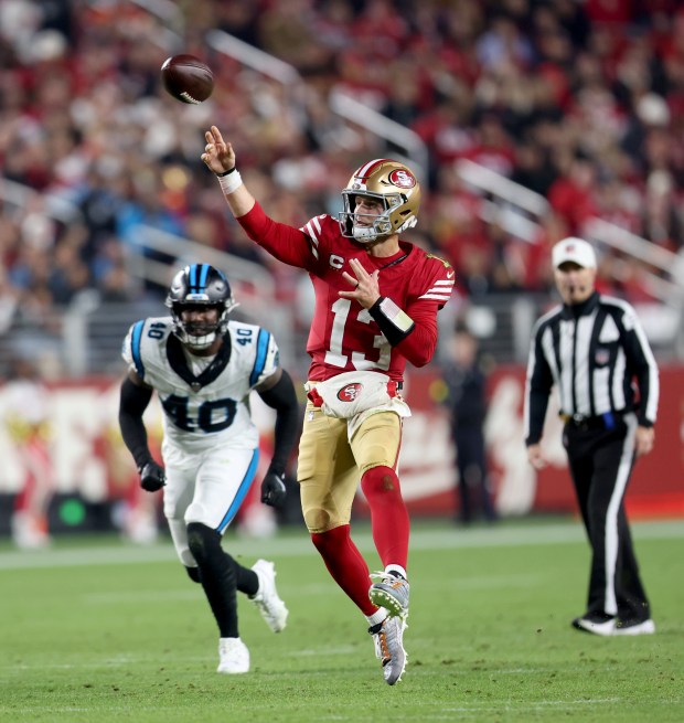 San Francisco 49ers quarterback Brock Purdy #13 passes in the second quarter of their NFL game against the Carolina Panthers at Levi's Stadium in Santa Clara, Calif., on Monday, Nov. 24, 2025. (Jane Tyska/Bay Area News Group)