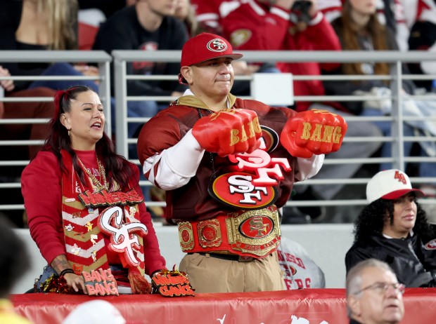 San Francisco 49ers fans cheer in the second quarter of their NFL game against the Carolina Panthers at Levi's Stadium in Santa Clara, Calif., on Monday, Nov. 24, 2025. (Jane Tyska/Bay Area News Group)