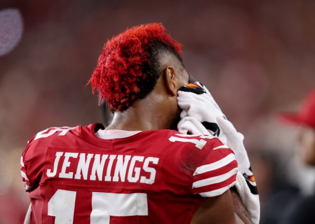 San Francisco 49ers' Jauan Jennings #15 wipes his face on the sideline in the fourth quarter of their NFL game against the Carolina Panthers at Levi's Stadium in Santa Clara, Calif., on Monday, Nov. 24, 2025. (Jane Tyska/Bay Area News Group)