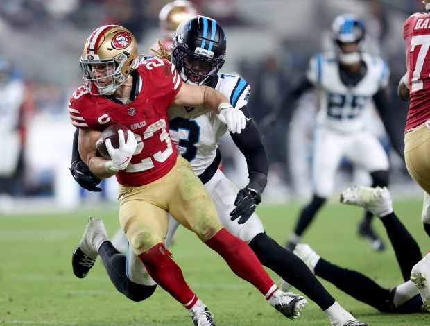 San Francisco 49ers' Christian McCaffrey #23 gains yardage in the fourth quarter of their NFL game against the Carolina Panthers at Levi's Stadium in Santa Clara, Calif., on Monday, Nov. 24, 2025. (Jane Tyska/Bay Area News Group)