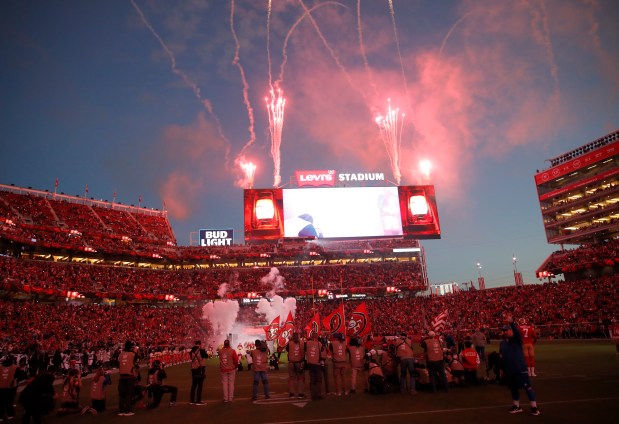 Fireworks light up the sky during introductions before the San Francisco 49ers NFL game against the Carolina Panthers at Levi's Stadium in Santa Clara, Calif., on Monday, Nov. 24, 2025. (Jane Tyska/Bay Area News Group)