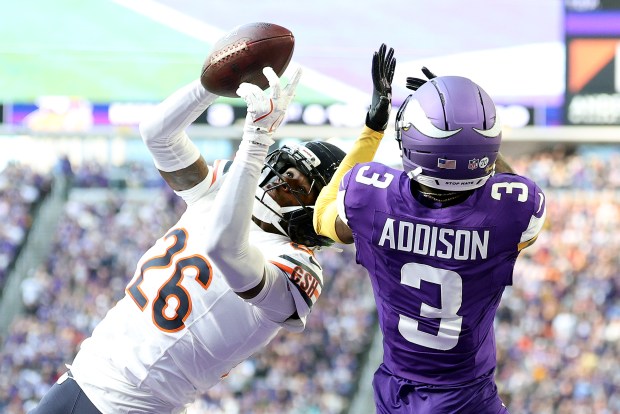 Nahshon Wright #26 of the Chicago Bears intercepts a touchdown pass intended for Jordan Addison #3 of the Minnesota Vikings during the second quarter at U.S. Bank Stadium on Nov. 16, 2025 in Minneapolis, Minnesota. (Photo by David Berding/Getty Images)