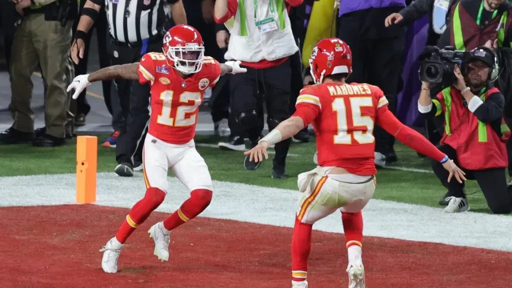 Mecole Hardman celebrates TD with Patrick Mahomes in Super Bowl LVIII