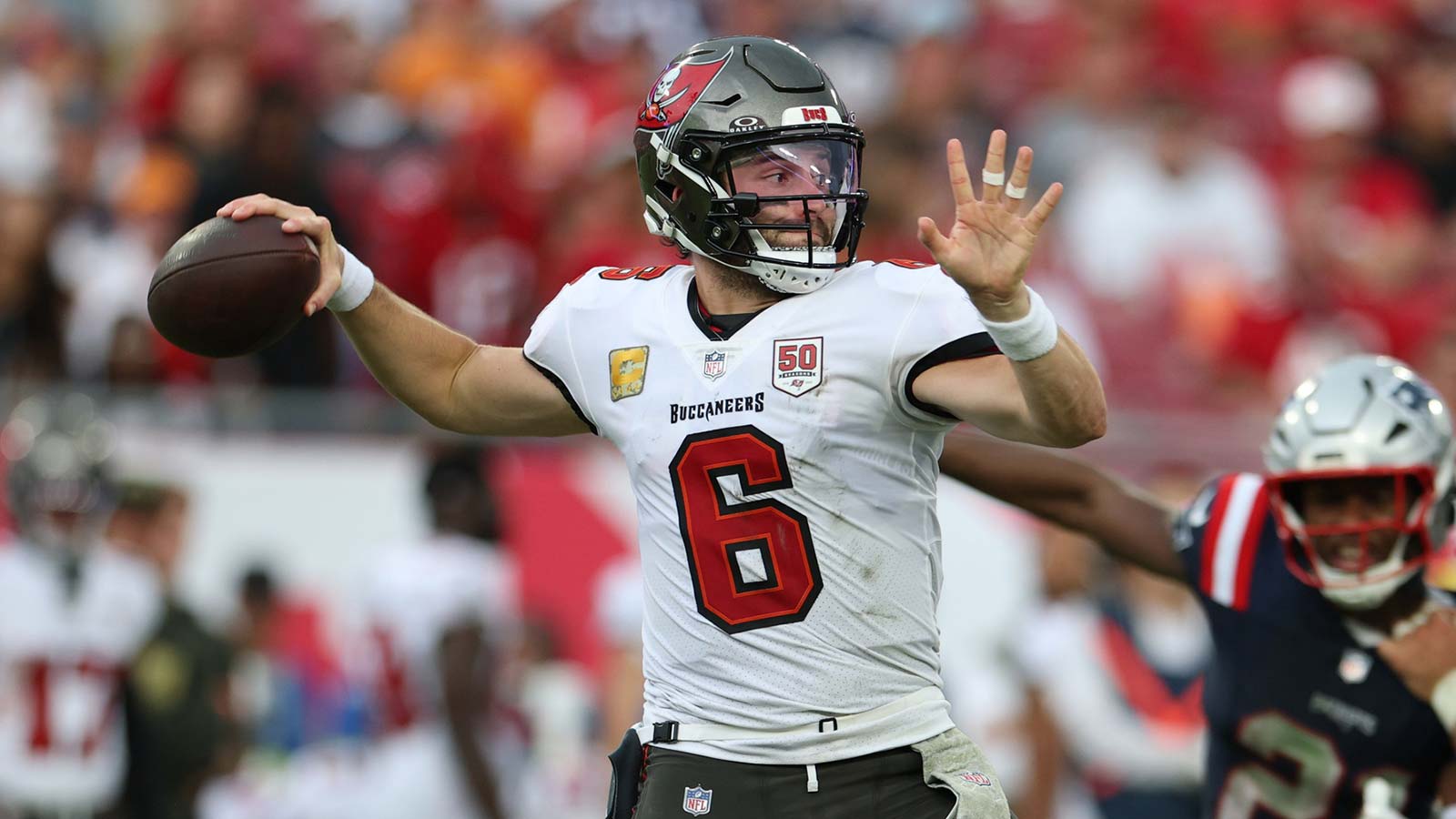 Tampa Bay Buccaneers quarterback Baker Mayfield (6) throws downfield during the third quarter against the New England Patriots at Raymond James Stadium