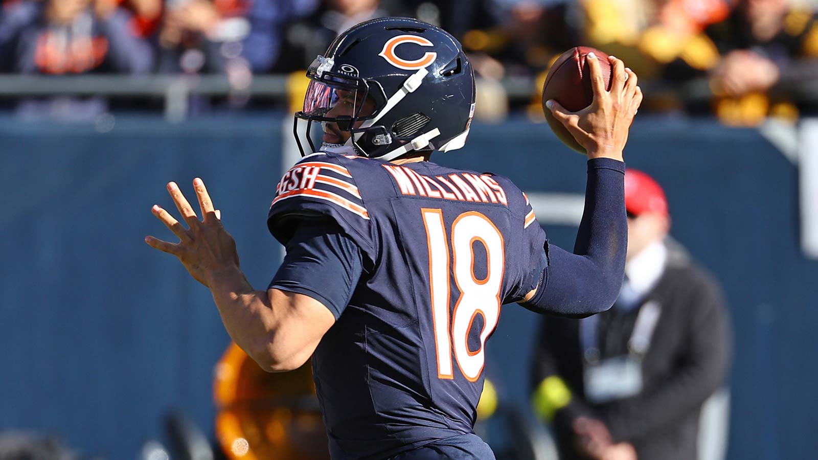 Chicago Bears quarterback Caleb Williams (18) drops back to pass against the Pittsburgh Steelers during the second half at Soldier Field.