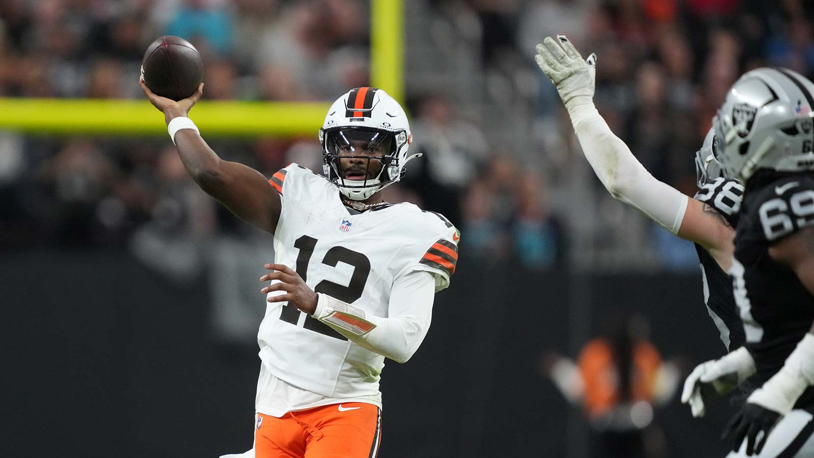 Cleveland Browns quarterback Shedeur Sanders (12) throws the ball against the Las Vegas Raiders in the second half at Allegiant Stadium.
