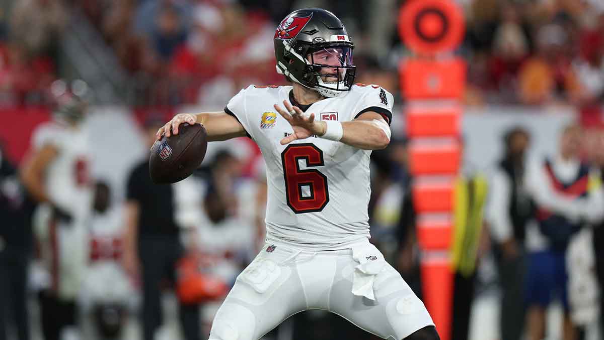 Tampa Bay Buccaneers quarterback Baker Mayfield (6) throws downfield during the fourth quarter against the San Francisco 49ers at Raymond James Stadium.