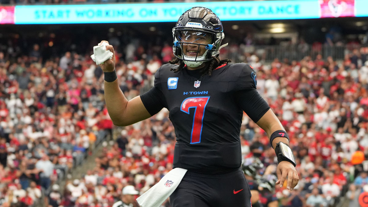 Houston Texans quarterback C.J. Stroud (7) reacts during the second half against the San Francisco 49ers at NRG Stadium.