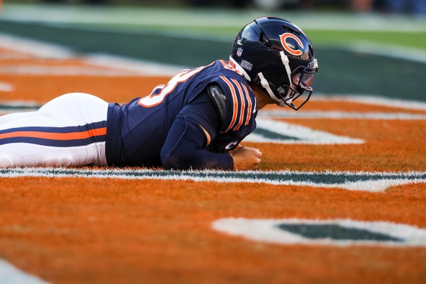 Bears quarterback Caleb Williams reacts after getting sacked and fumbling the ball, resulting in a Steelers touchdown, during the second quarter Sunday, Nov. 23, 2025, at Soldier Field. (Eileen T. Meslar/Chicago Tribune)