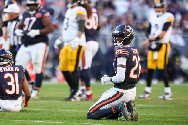 Bears cornerback Nahshon Wright reacts after getting called for pass interference during the fourth quarter against the Steelers on Sunday, Nov. 23, 2025, at Soldier Field. (Eileen T. Meslar/Chicago Tribune)