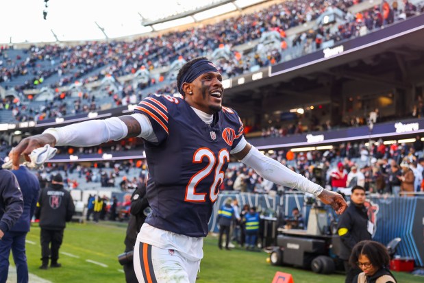 Bears cornerback Nahshon Wright celebrates after defeating the Steelers 31-28 on Sunday, Nov. 23, 2025, at Soldier Field. (Eileen T. Meslar/Chicago Tribune)