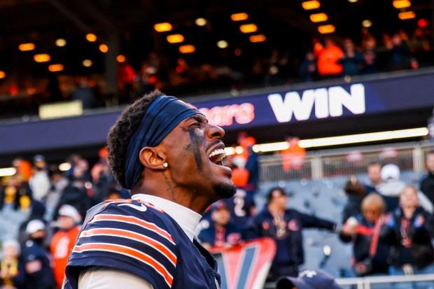 Bears cornerback Nahshon Wright celebrates after defeating the Steelers 31-28 on Sunday, Nov. 23, 2025, at Soldier Field. (Eileen T. Meslar/Chicago Tribune)