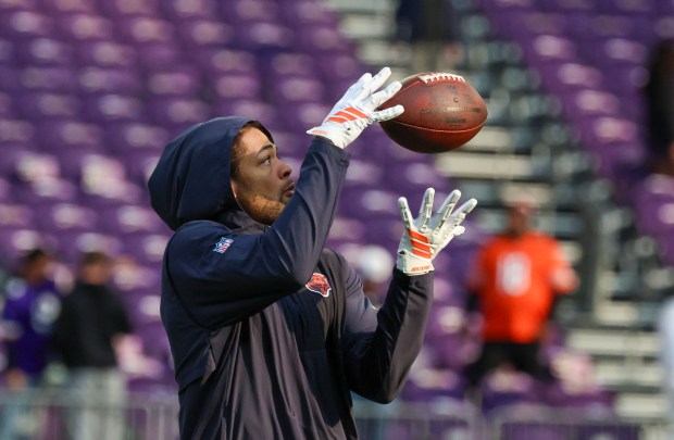 Bears wide receiver Rome Odunze catches a pass during warmups before a game against the Vikings on Sunday, Nov. 16, 2025, at U.S. Bank Stadium in Minneapolis. (Stacey Wescott/Chicago Tribune)