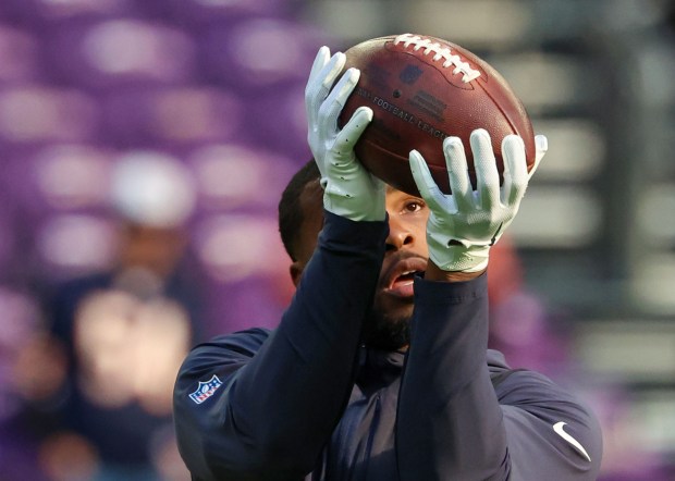 Bears wide receiver Olamide Zaccheaus catches a pass during warmups before a game against the Vikings on Sunday, Nov. 16, 2025, at U.S. Bank Stadium in Minneapolis. (Stacey Wescott/Chicago Tribune)