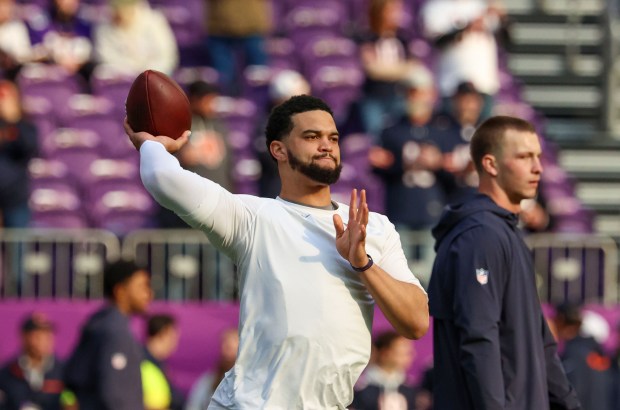 Bears quarterback Caleb Williams throws a pass during warmups before a game against the Vikings on Sunday, Nov. 16, 2025, at U.S. Bank Stadium in Minneapolis. (Stacey Wescott/Chicago Tribune)